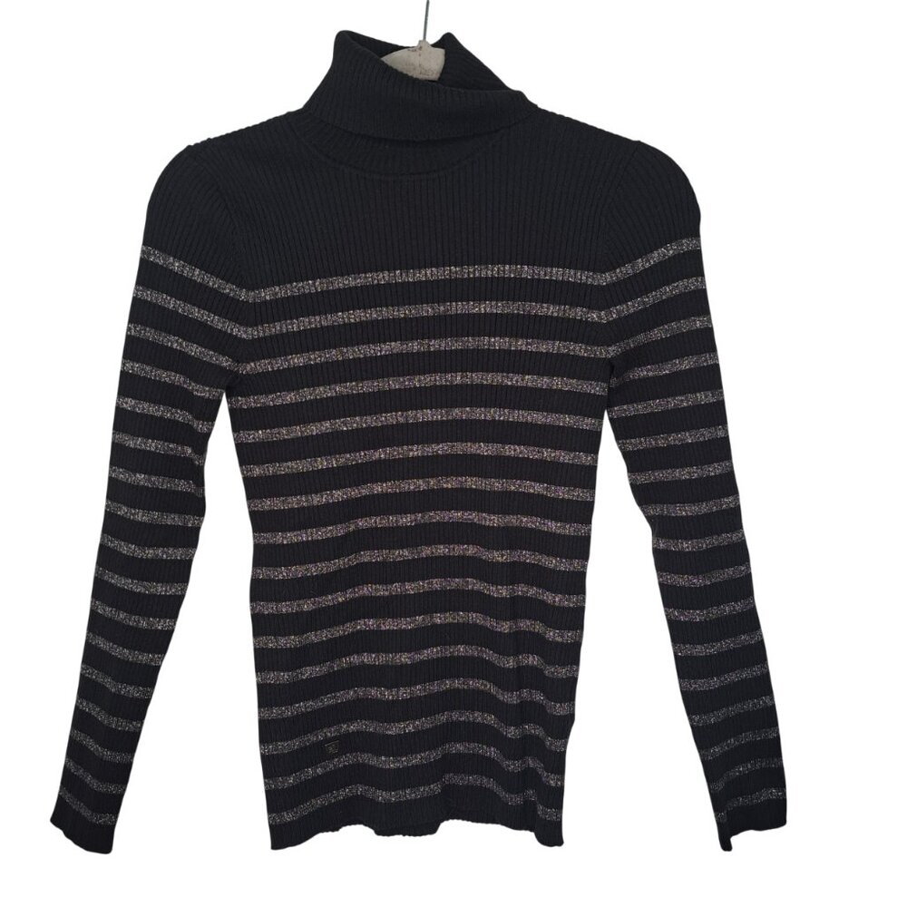 Lauren Ralph Lauren Black Gray Striped Sparkly Turtleneck Pullover Medium